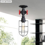 Valve Nautical Style Cage Metal Semi Flush Light - 1 Living Room Ceiling Fixture In Black/Bronze