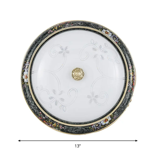 Veined Glass Led Flushmount With Bowl Shade In Black And Gold: Traditional Bedroom Lighting 3 Sizes