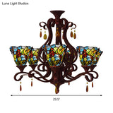 Victorian 6-Light Bedroom Ceiling Chandelier With Floral Stained Glass Shades In Red Pink And Blue