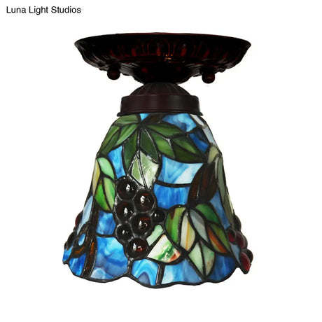 Victorian Bell Flush Mount Ceiling Lamp - Pink/Blue Stained Glass Bedroom Light Fixture With 1