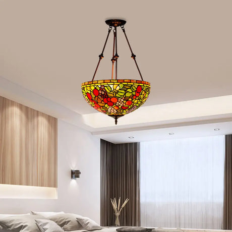 Victorian Bronze Ceiling Light Fixture With Stained Glass Dome Shade - 2-Light Semi Flush For