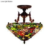 Victorian Bronze Semi Flush Light With Dome/Cone Red/Green Cut Glass Shade For Living Room