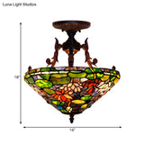 Victorian Bronze Semi Flush Light With Dome/Cone Red/Green Cut Glass Shade For Living Room