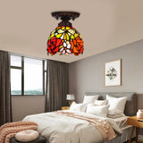 Victorian Ceiling-Mounted Stained Glass Light With Domed Design - 1 Flushmount Red/Pink/Orange