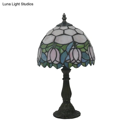 Victorian Dome Shade Night Lamp With Stained Art Glass Rose Pattern - 1-Light Desk Lighting For