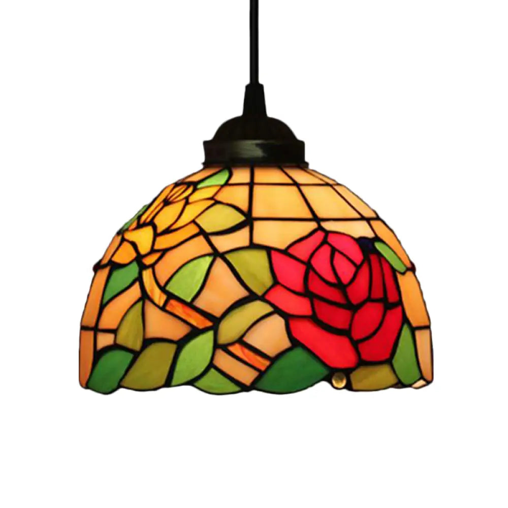 Victorian Floral Ceiling Pendant Light Fixture For Dining Room - Beige/Red/Pink Cut Glass Hanging