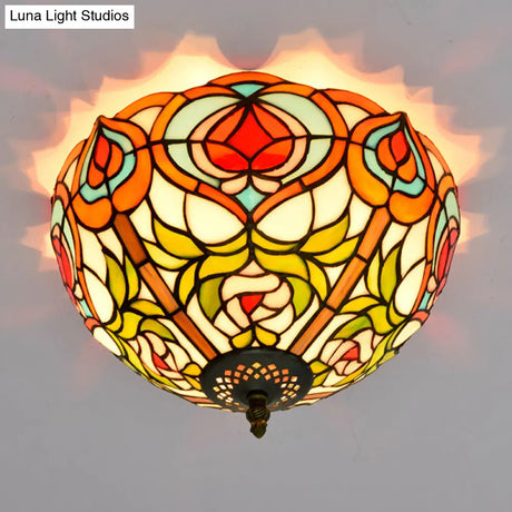 Victorian Glass Ceiling Flush Mount Light Fixture - Bowl Cut 2/3/5 Heads White/Green