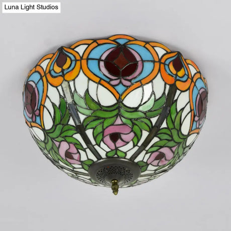 Victorian Glass Ceiling Flush Mount Light Fixture - Bowl Cut 2/3/5 Heads White/Green