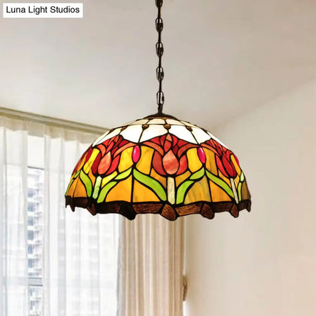 Victorian Hand Cut Glass Blossom Pendant Light - Yellow 3-Light Ceiling Chandelier