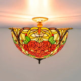 Victorian Hand Rolled Art Glass Rose Semi Flush Mount Ceiling Light With Brass Finish - 5 Bulbs