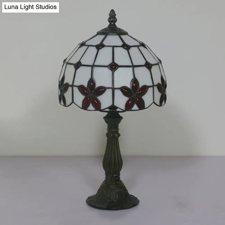 Victorian Lattice Glass Table Lamp - White Bowl Design 1 Light Red/Yellow/Blue Floral Pattern