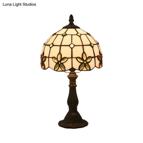 Victorian Lattice Glass Table Lamp - White Bowl Design 1 Light Red/Yellow/Blue Floral Pattern