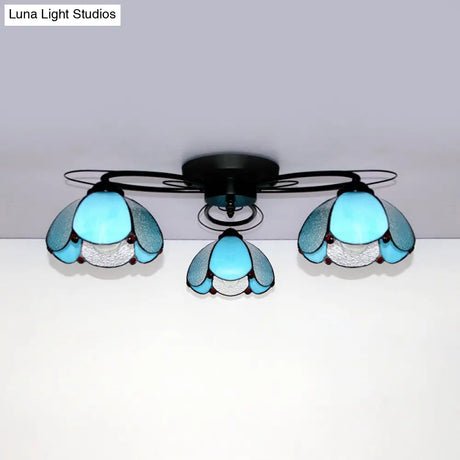Victorian Stained Glass Ceiling Fixture - Dome Shape Black Flush Mount With 3 Lights
