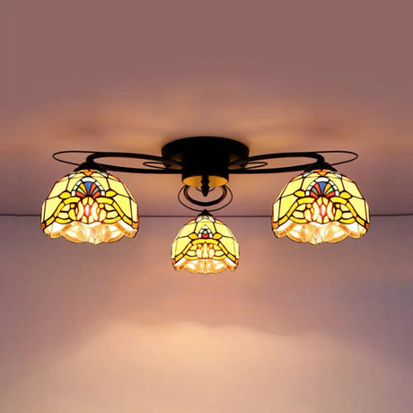 Victorian Stained Glass Ceiling Fixture - Dome Shape Black Flush Mount With 3 Lights /