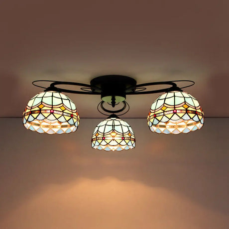 Victorian Stained Glass Ceiling Fixture - Dome Shape Black Flush Mount With 3 Lights / Baroque