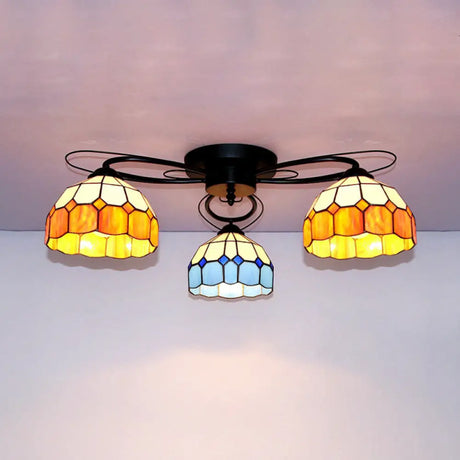 Victorian Stained Glass Ceiling Fixture - Dome Shape Black Flush Mount With 3 Lights / Blue Square