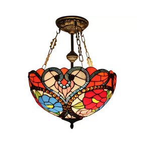 Victorian Stained Glass Ceiling Light - Elegant Semi Flush Mount With Floral Pattern Antique Brass