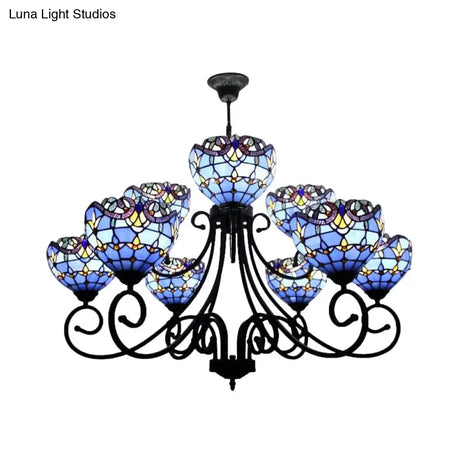 Victorian Stained Glass Chandelier In Brown/Blue For Hotel