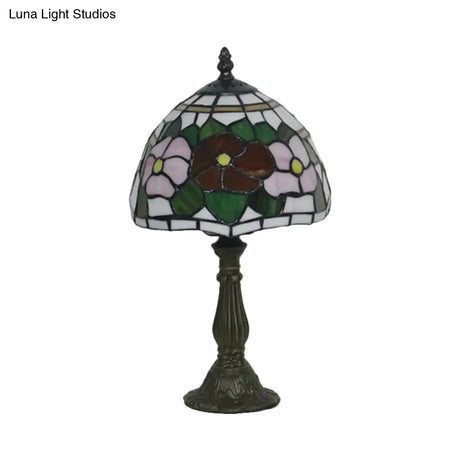 Victorian Stained Glass Pink/Purple Rose Night Lamp With Dome Shade - 1 Light Table Lighting
