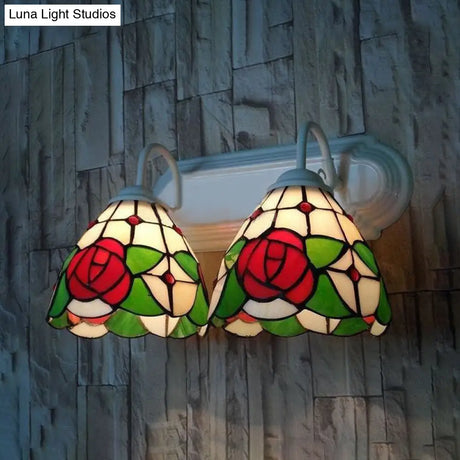 Victorian Stained Glass Rose Wall Sconce Light With 2 Red Heads