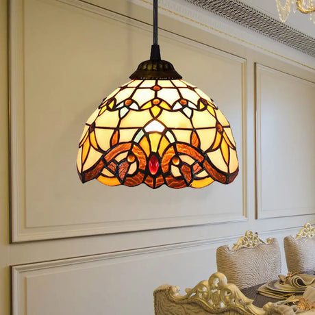 Victorian Style Stained Glass Suspension Light - Aged Bronze Finish Beige