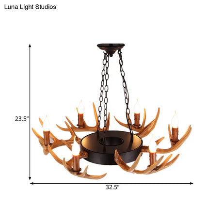 Village Wood Candelabra Chandelier - 6-Light Resin Lamp For Living Room Pendant Lighting