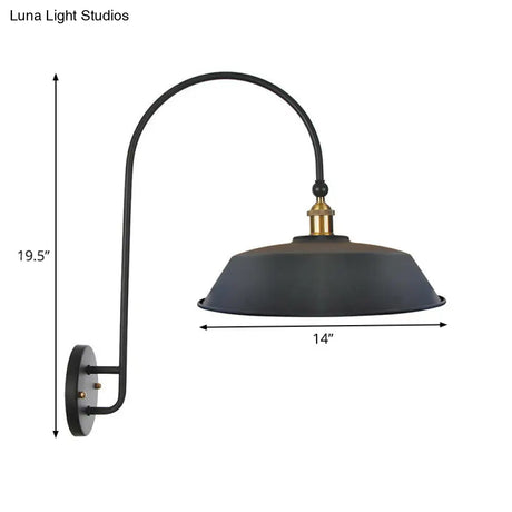 Vintage 1-Bulb Bedside Reading Wall Lamp - Iron Barn/Bowl/Scalloped Light Kit With Swooping Arm In