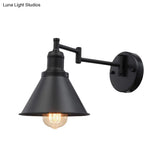 Vintage 1-Bulb Swing Arm Iron Sconce Lighting In Black For Coffee Shops - Conical Shade Wall Lamp