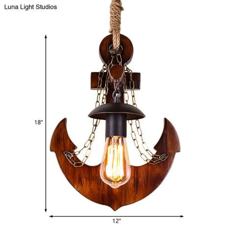 Vintage 1-Head Black Metal Wall Sconce With Wooden Anchor Decoration For Dining Room