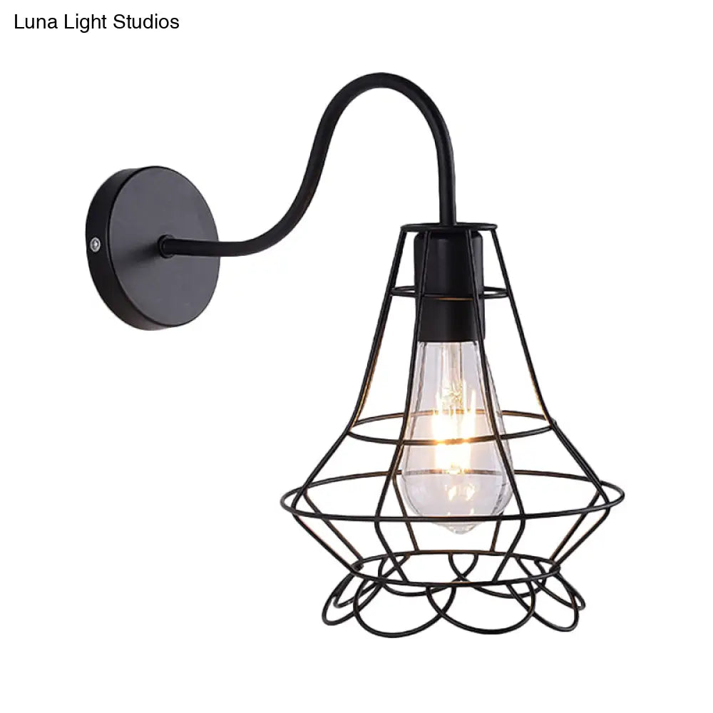 Vintage 1 Head Metallic Wall Light Fixture With Curved Arm - Vase Cage Design For Restaurants Black