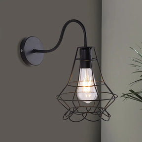 Vintage 1 Head Metallic Wall Light Fixture With Curved Arm - Vase Cage Design For Restaurants Black