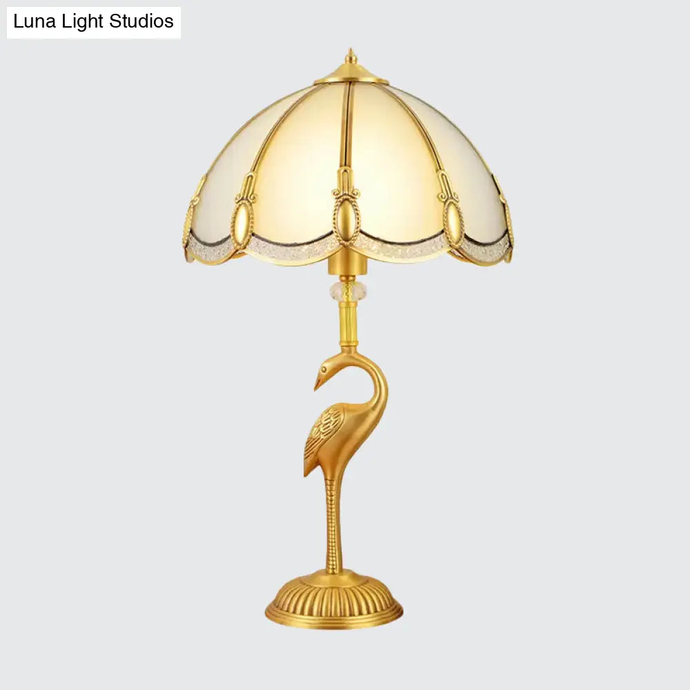 Vintage 1-Light Night Lamp With Frosted Glass Shade And Bird Pedestal In Polished Brass For Bedroom
