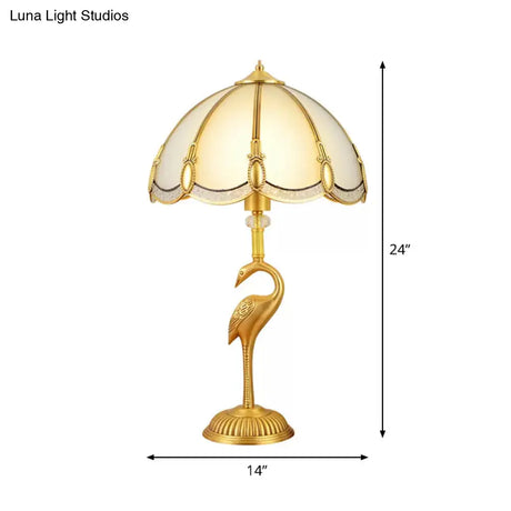Vintage 1-Light Night Lamp With Frosted Glass Shade And Bird Pedestal In Polished Brass For Bedroom