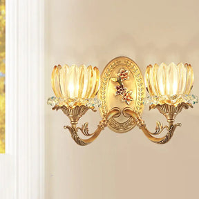 Vintage 2-Light Floral Wall Lamp In Clear Ribbed Glass Sconce With Gold Finish