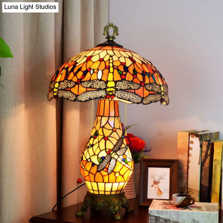 Vintage 3-Bulb Mushroom Nightstand Lamp - Orange Stained Glass Table Light With Dragonfly Pattern