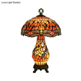 Vintage 3-Bulb Mushroom Nightstand Lamp - Orange Stained Glass Table Light With Dragonfly Pattern