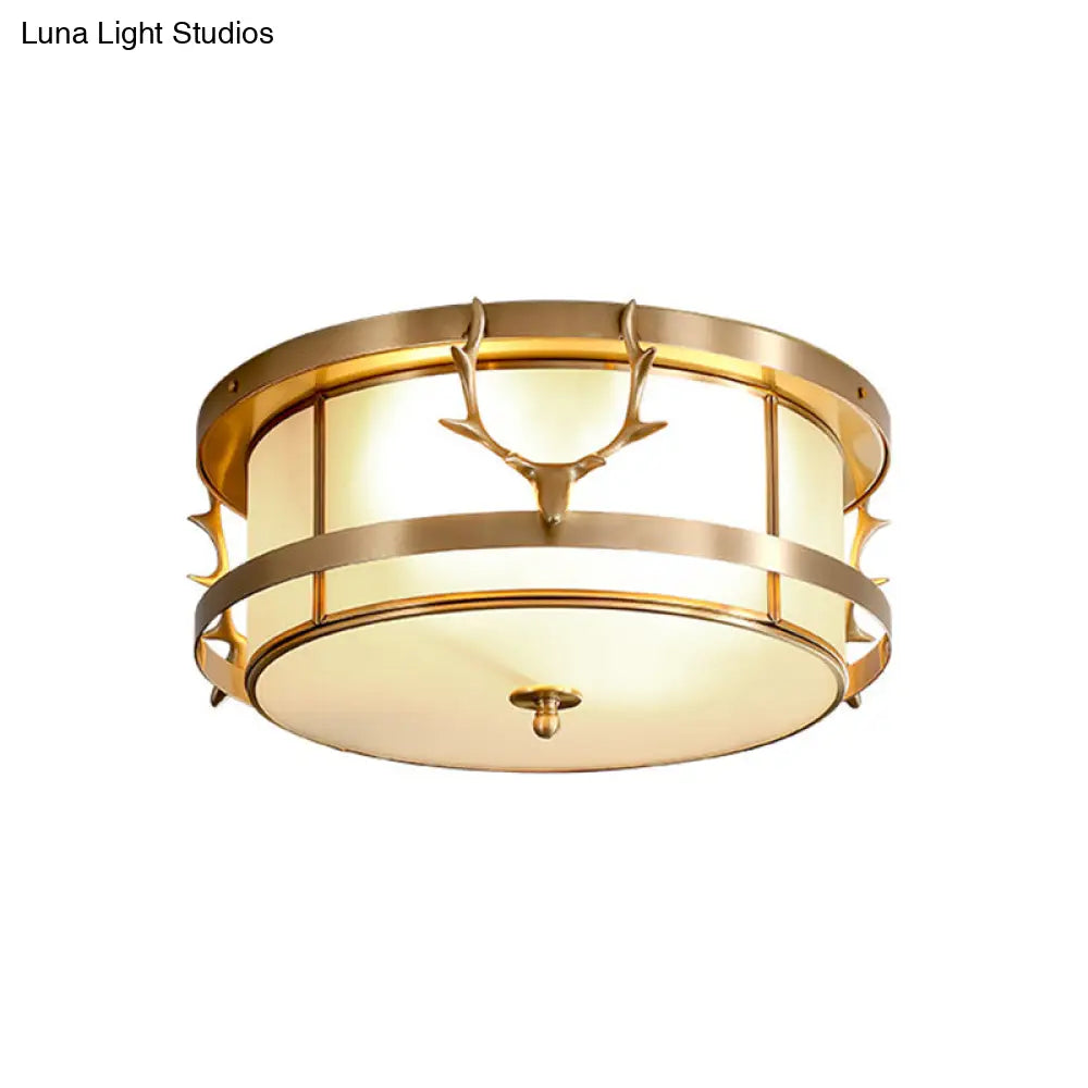 Vintage 4 - Light Brass Antler Ceiling Lamp With Opal Glass Shade