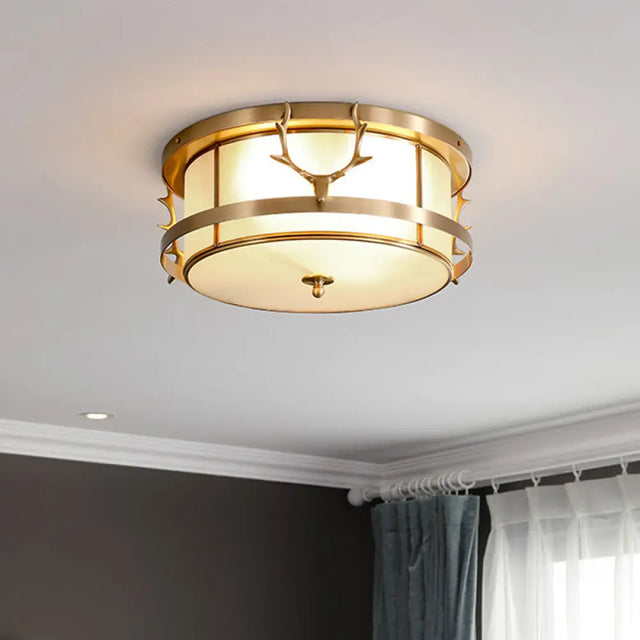 Vintage 4 - Light Brass Antler Ceiling Lamp With Opal Glass Shade