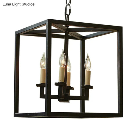Vintage 4-Light Cubic Chandelier With Cage Shade - Small Black Metal Hanging Lamp For Bathroom