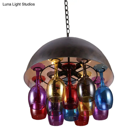 Vintage 4-Light Dome Iron Hanging Chandelier: Restaurant Pendant Lamp In Black With Colorful Wine