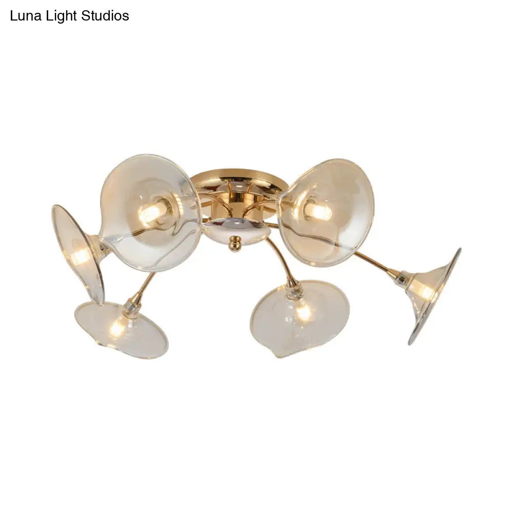 Vintage 6 - Light Ceiling Lamp With Metal Brass Branchlet Design And Flare Green/Cognac Glass Shade
