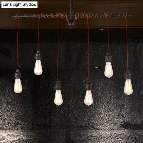 Vintage 6-Light Tubing Pendant Lamp Black Finish With Hanging Bulb - Indoor Ceiling Light Fixture