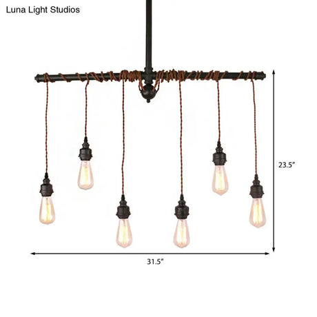 Vintage 6-Light Tubing Pendant Lamp Black Finish With Hanging Bulb - Indoor Ceiling Light Fixture