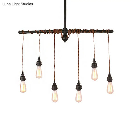 Vintage 6-Light Tubing Pendant Lamp Black Finish With Hanging Bulb - Indoor Ceiling Light Fixture
