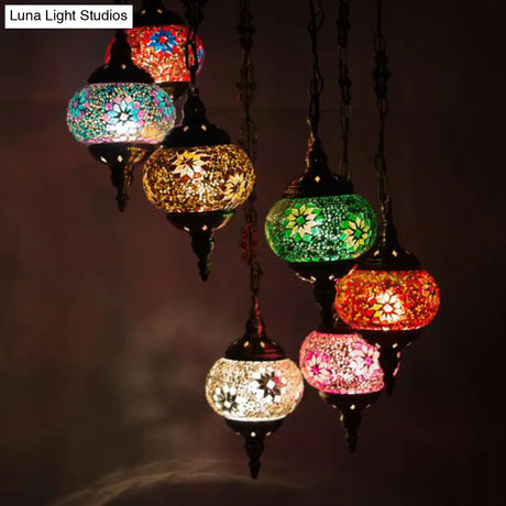 Vintage 7-Bulb Globe Glass Pendant Ceiling Chandelier In Bronze Finish