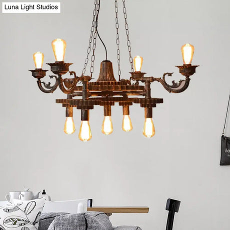 Vintage 9-Light Bronze Chandelier With Exposed Bulbs For Dining Room