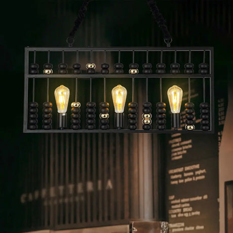 Vintage Abacus Pendant Ceiling Fixture - Metal Black 3 Bulbs Hanging Lamp For Restaurants
