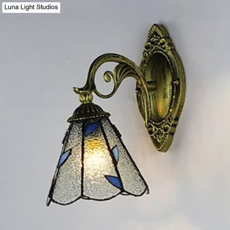 Vintage Aged Brass Curved Arm Wall Light With Stained Glass Cone Shade - White/Clear