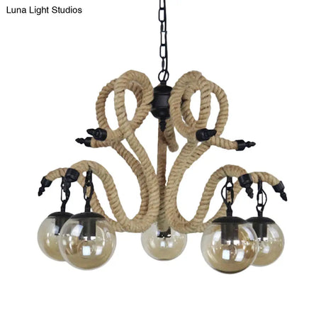 Vintage Amber Glass Ball Chandelier - 5-Light Pendant Lighting For Living Room With Rope Detail