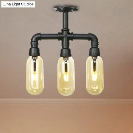 Vintage Amber Glass Ceiling Light With Matte Black Semi Flush Design - 3/4 Oval Shade
